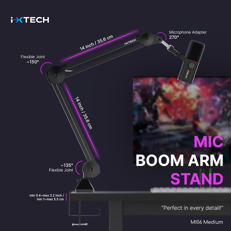 i-XTECH Microphone Boom Arm Stand, Heavy Duty Adjustable Mic Stand with Cable Ties, Desk Mount Arm Stand for Gaming Streaming Podcasting. - Image 4